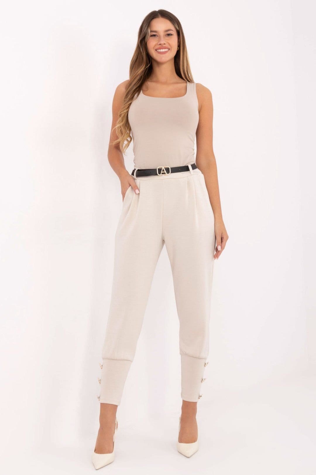 Love Lace Love Lace Women's High Waist Tapered Jogger Trousers with Pockets in Beige - 1