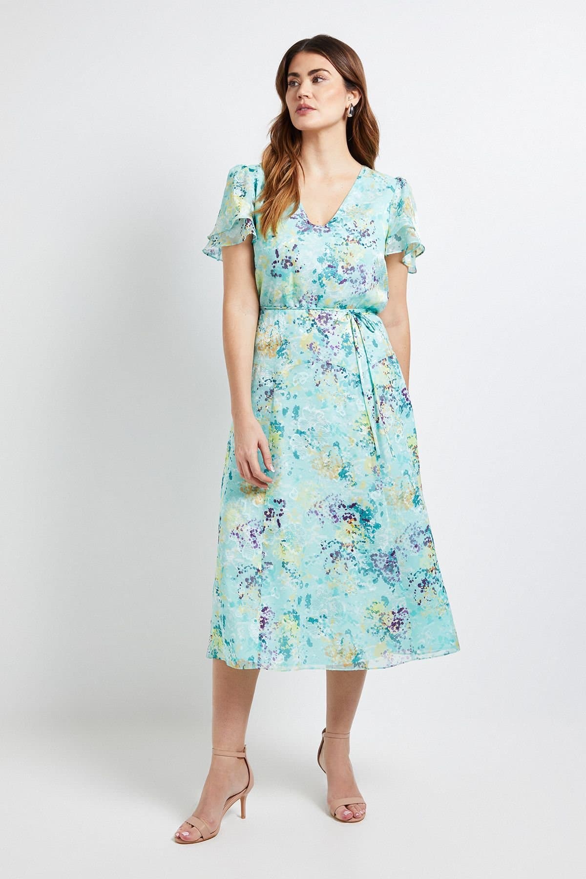 Wallis Wallis Women's Floral Burn Out Frill Sleeve Midi Dress in Sage