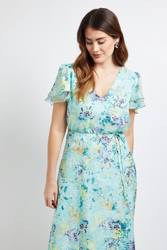 Wallis Wallis Women's Floral Burn Out Frill Sleeve Midi Dress in Sage - 2