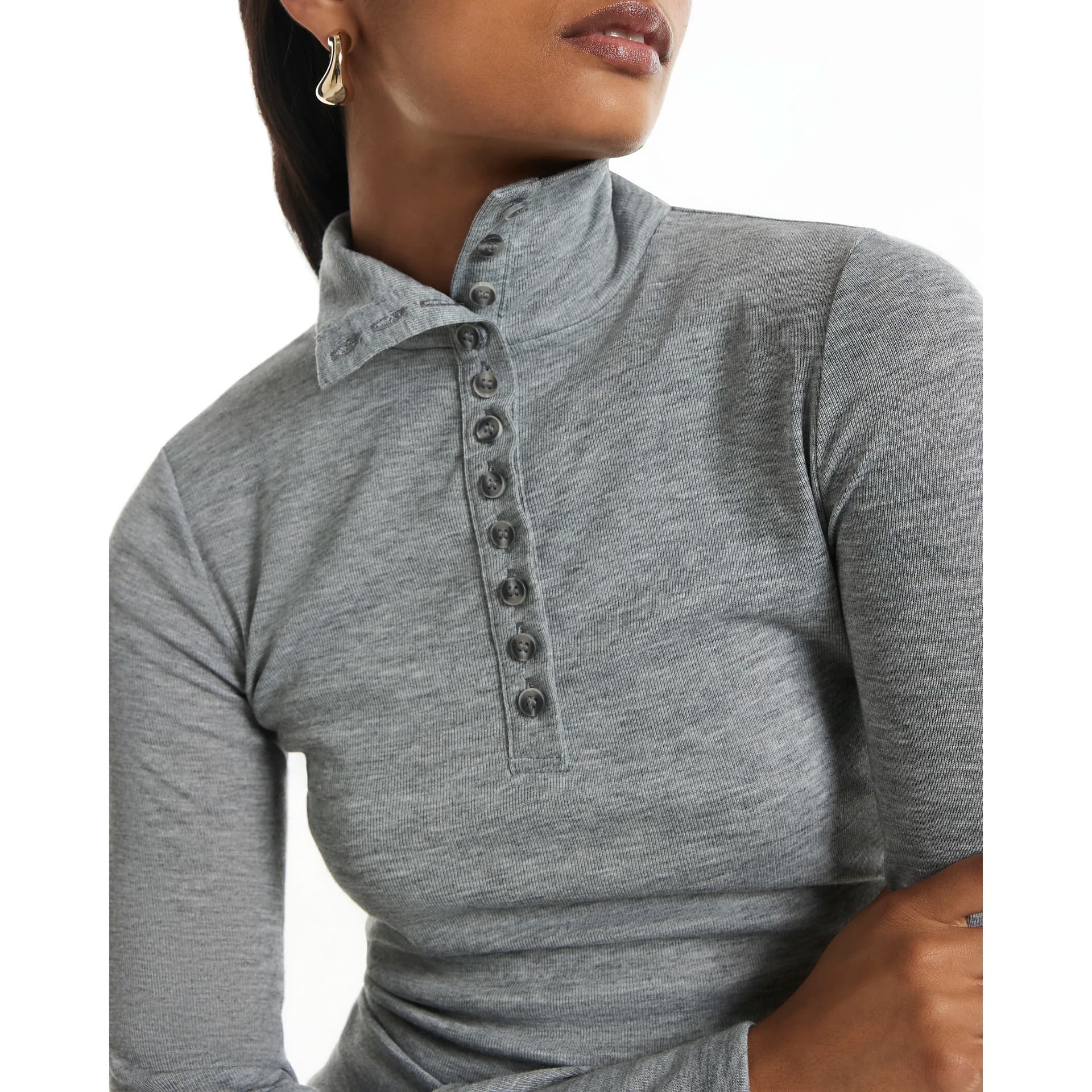 River Island River Island Womens Grey Henley High Neck Button Long Sleeve Top