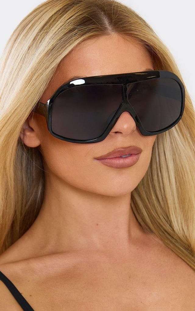 EGO Oversized Curved Thin Frame Tinted Lense Aviator Sunglasses In Black, Women's Size UK 0 - 2