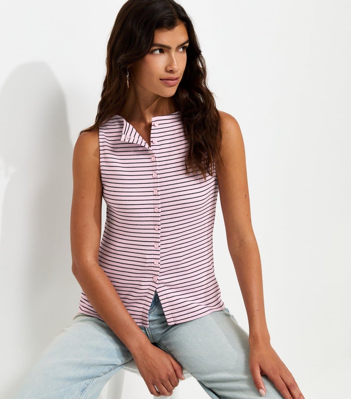 New Look Women's Pink Cotton Rich Stripe Pattern Button Through Tank Top New Look