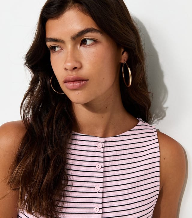 New Look Women's Pink Cotton Rich Stripe Pattern Button Through Tank Top New Look - 2