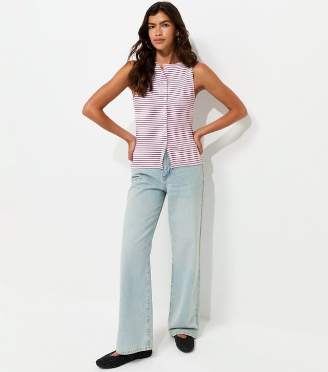 New Look Women's Pink Cotton Rich Stripe Pattern Button Through Tank Top New Look - 3