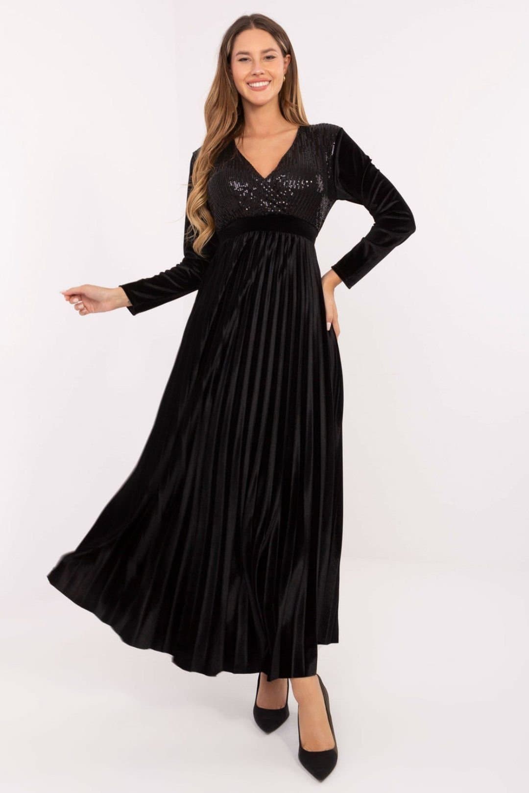 Love Lace Love Lace Women's Sequin Wrap Maxi Dress with Pleated Skirt in Black