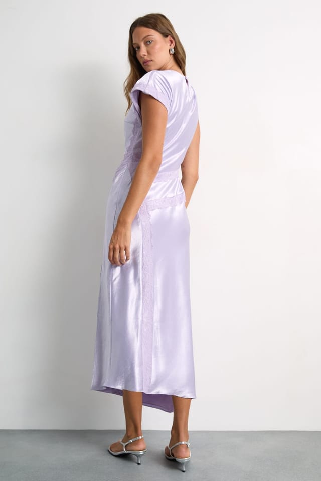 Warehouse Warehouse Women's Asymetric Satin & Lace Detail Midi Dress in Lilac - 3