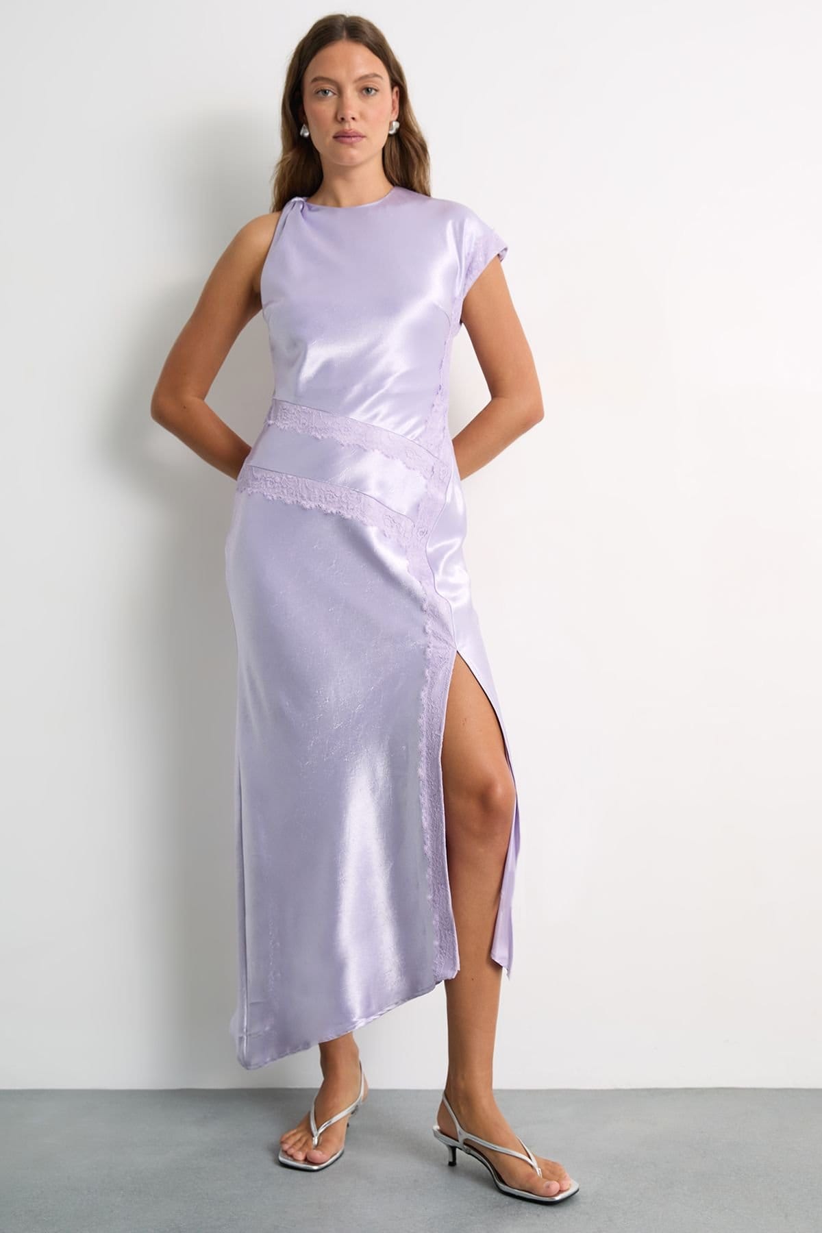 Warehouse Warehouse Women's Asymetric Satin & Lace Detail Midi Dress in Lilac - 4