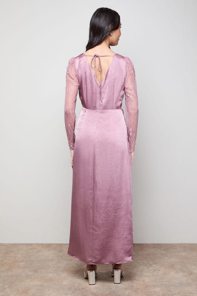 Oasis Oasis Women's Lace Sleeve Split Front Satin Midaxi Dress in Blush - 3