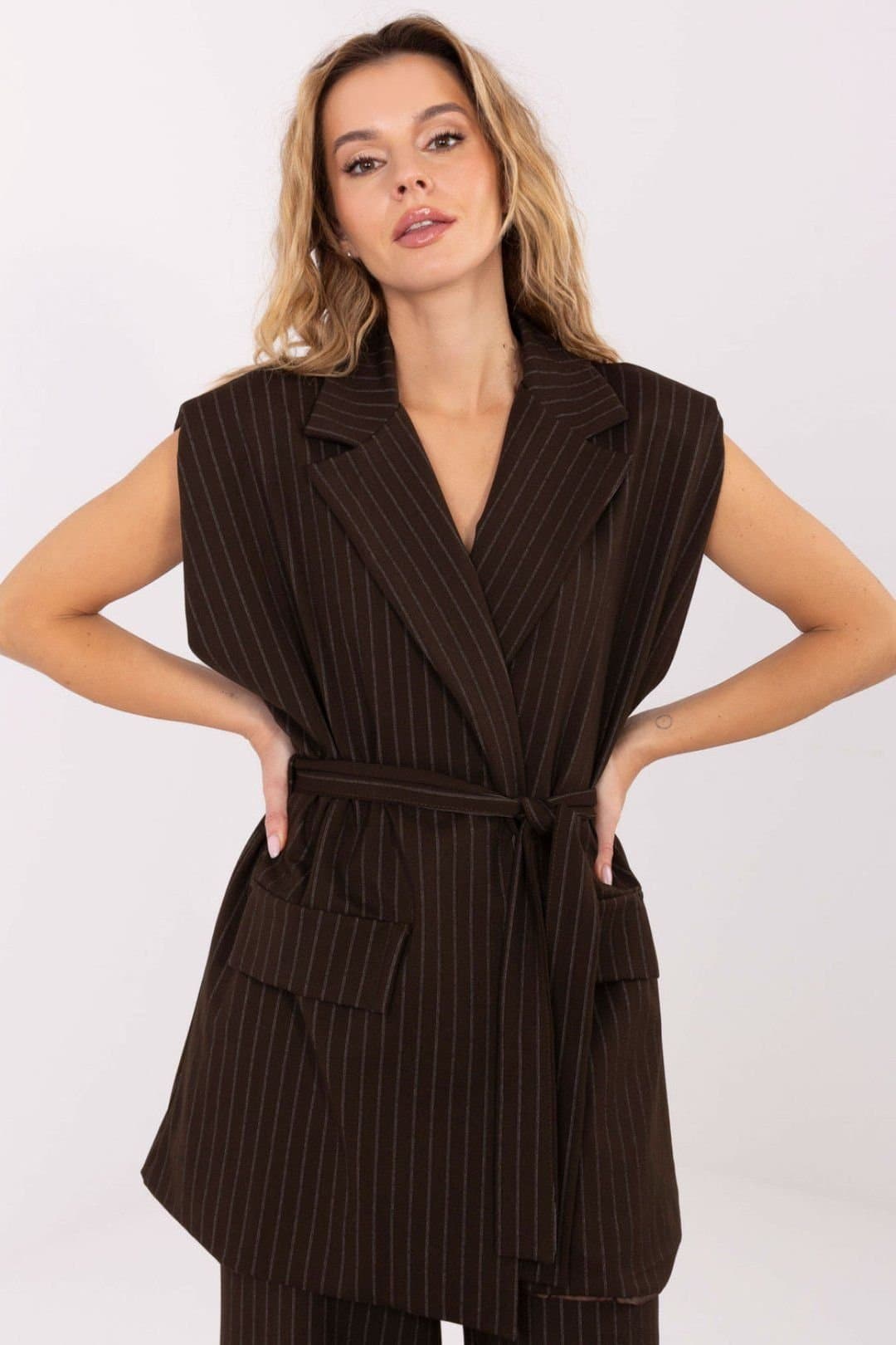 Love Lace Love Lace Women's Striped Tie Belt Material Vest for Work in Brown
