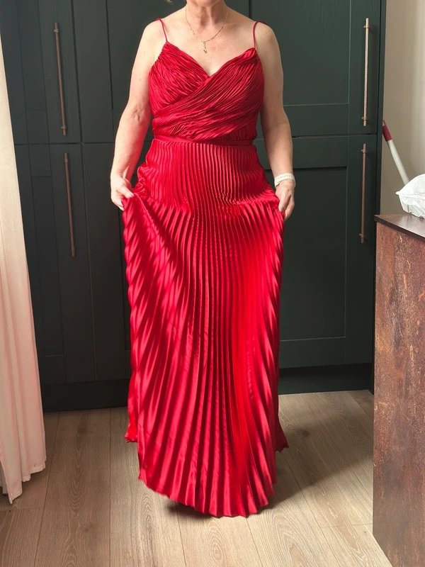 Betsy & Adam Red satin evening dress, corseted bust, concertina pleats US10 - 1