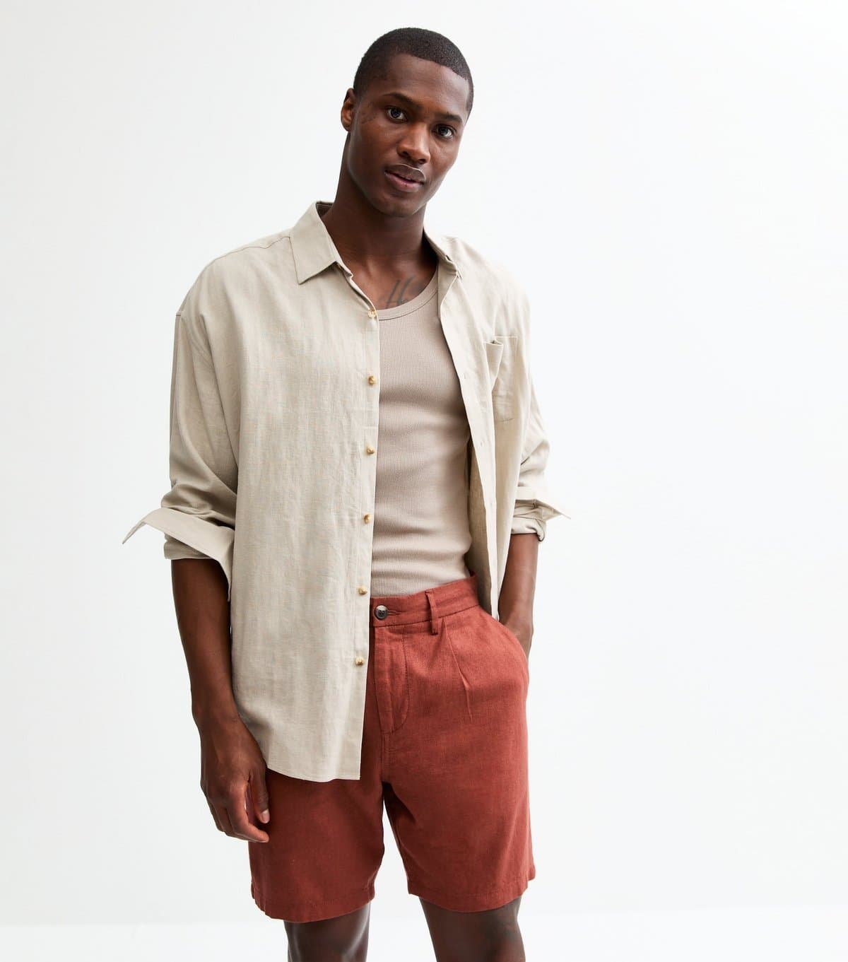 New Look Men's Rust Regular Pleated Linen Blend Shorts New Look