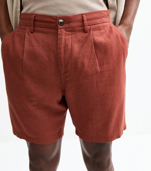 New Look Men's Rust Regular Pleated Linen Blend Shorts New Look - 2