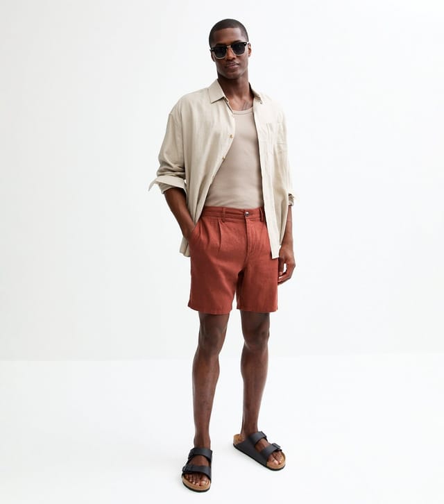 New Look Men's Rust Regular Pleated Linen Blend Shorts New Look - 3
