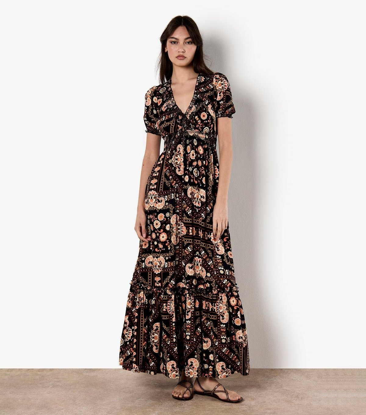 Apricot Women's Black Scarf Print Tiered Maxi Dress Apricot New Look
