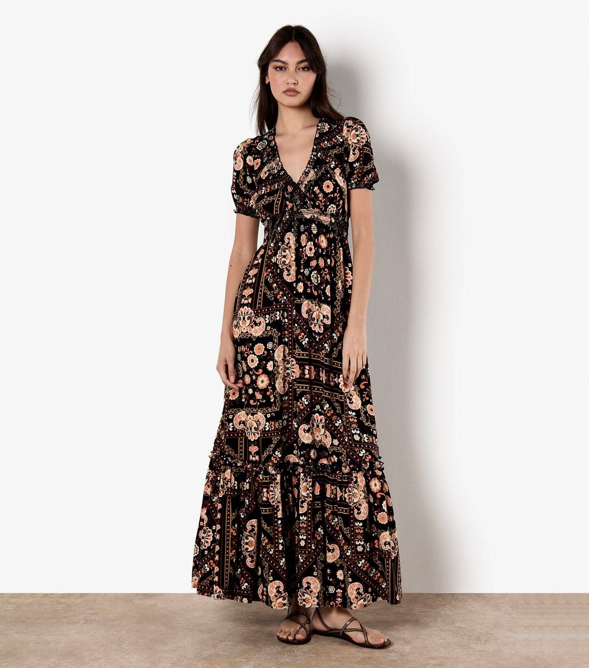 Apricot Black Scarf Print Tiered Maxi Dress