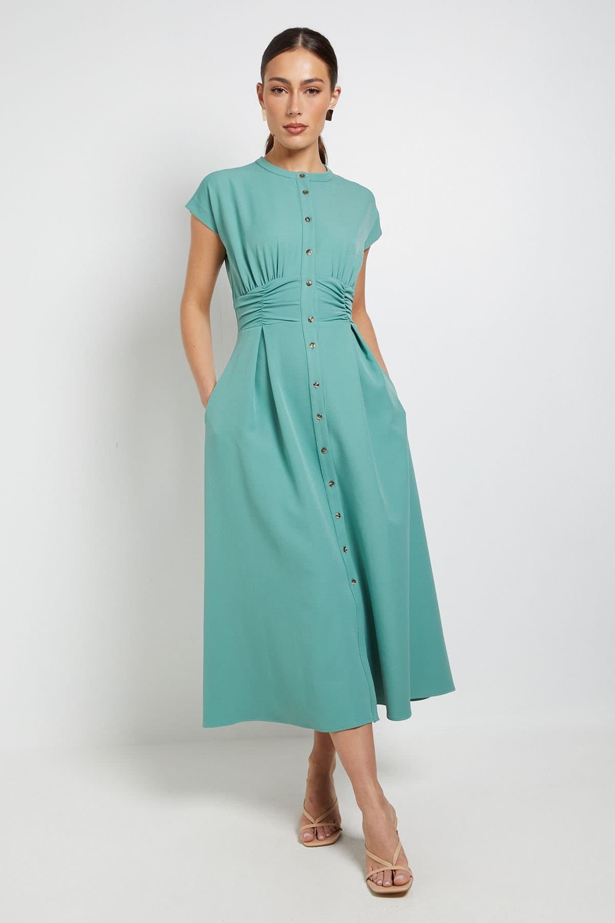 Principles Principles Women's Structured Ruched Button Through Maxi Dress in Green