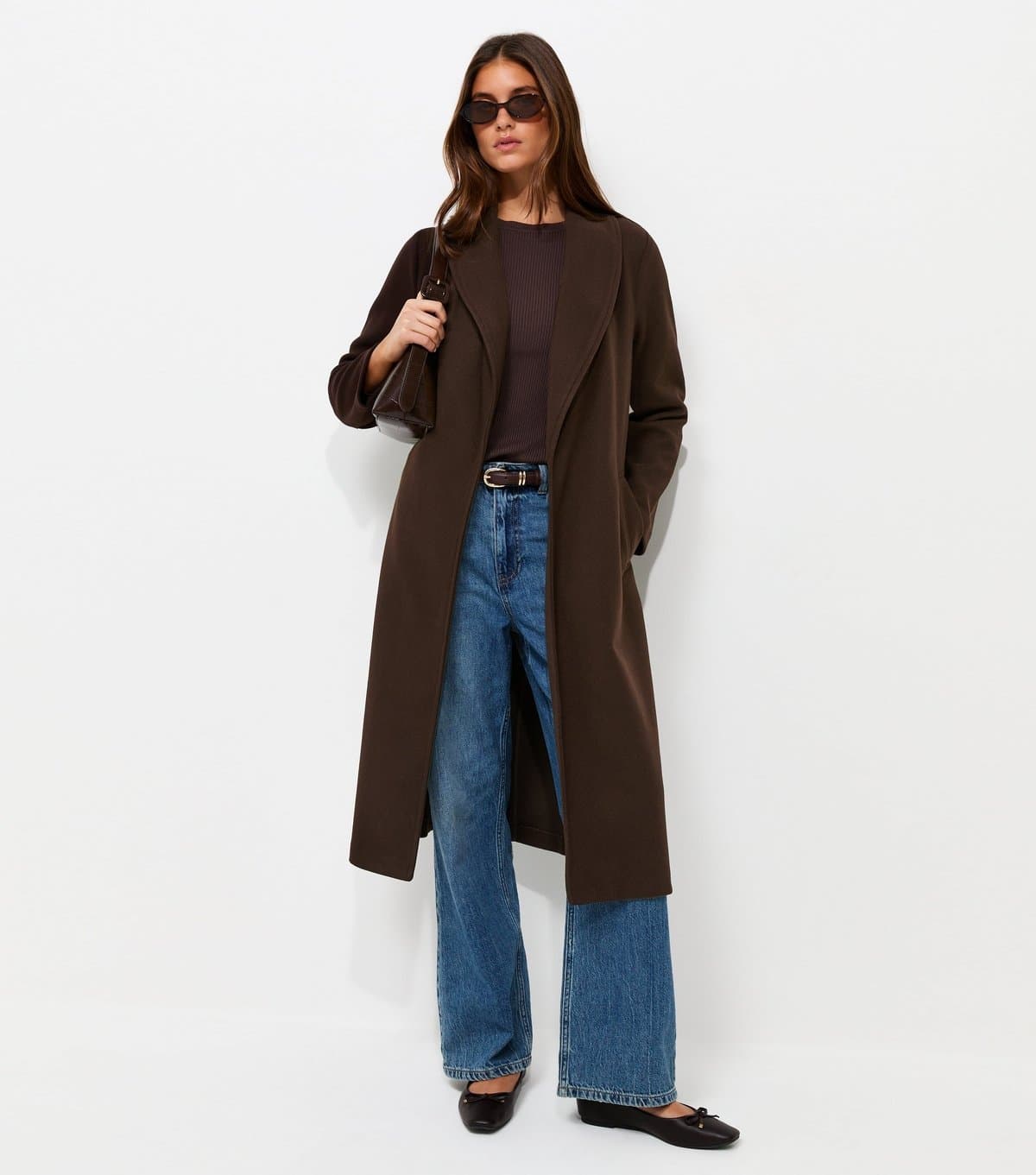 New Look Women's Dark Brown Shawl Collar Belted Wrap Coat New Look