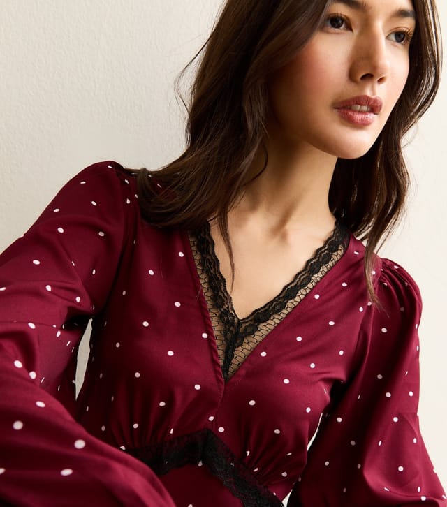 New Look Women's Red Polka Dot Lace Neck Midi Dress New Look - 2