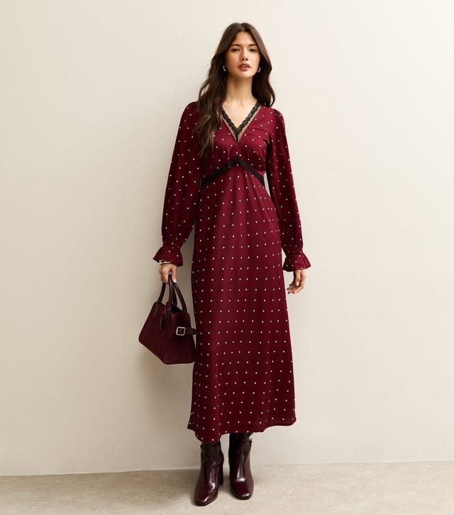 New Look Women's Red Polka Dot Lace Neck Midi Dress New Look - 3