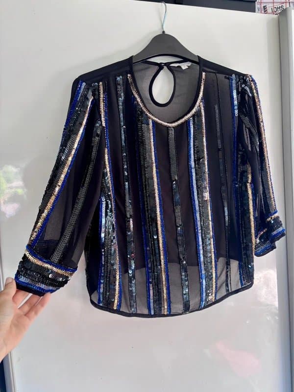 New Look New Look Black Sequin Stripe Blouse Top Size 12 Party Sparkly