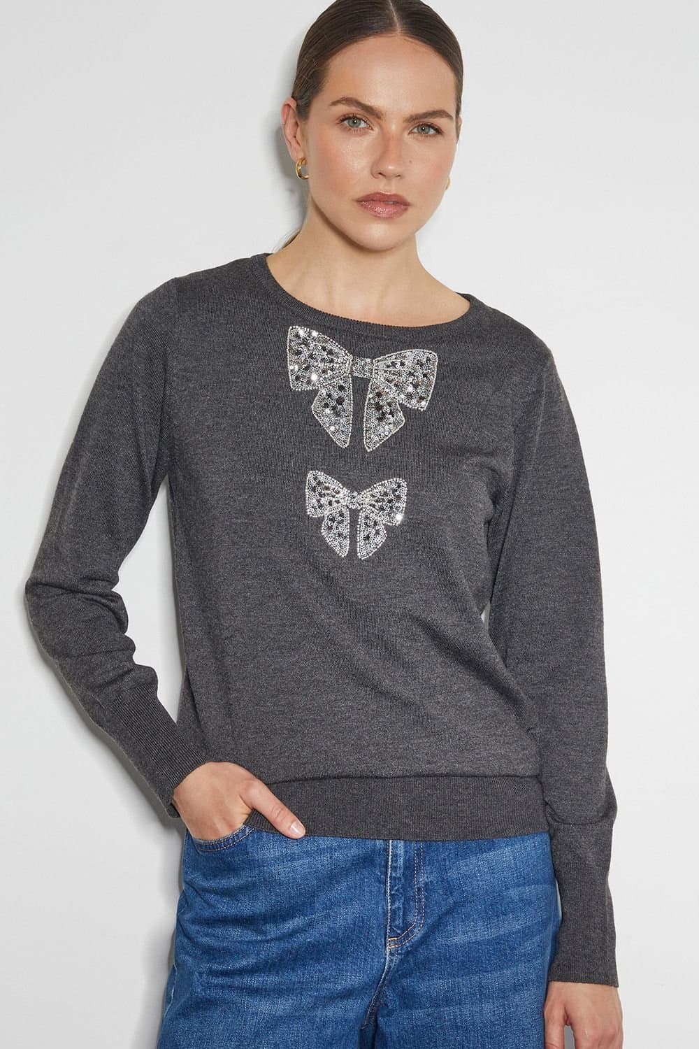 Monsoon Monsoon Women's Di Sequin Bow Crew Neck Jumper Grey