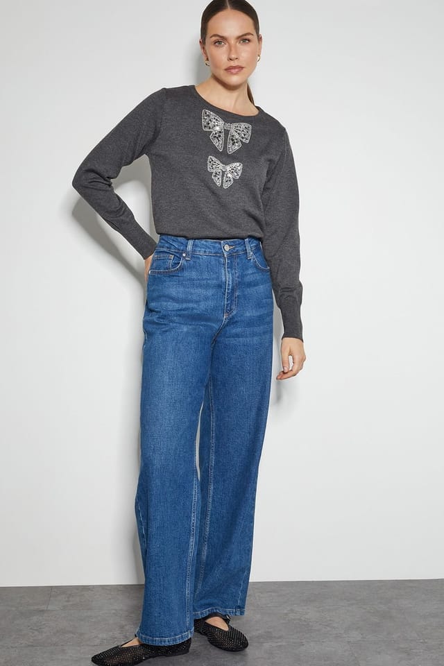 Monsoon Monsoon Women's Di Sequin Bow Crew Neck Jumper Grey - 2