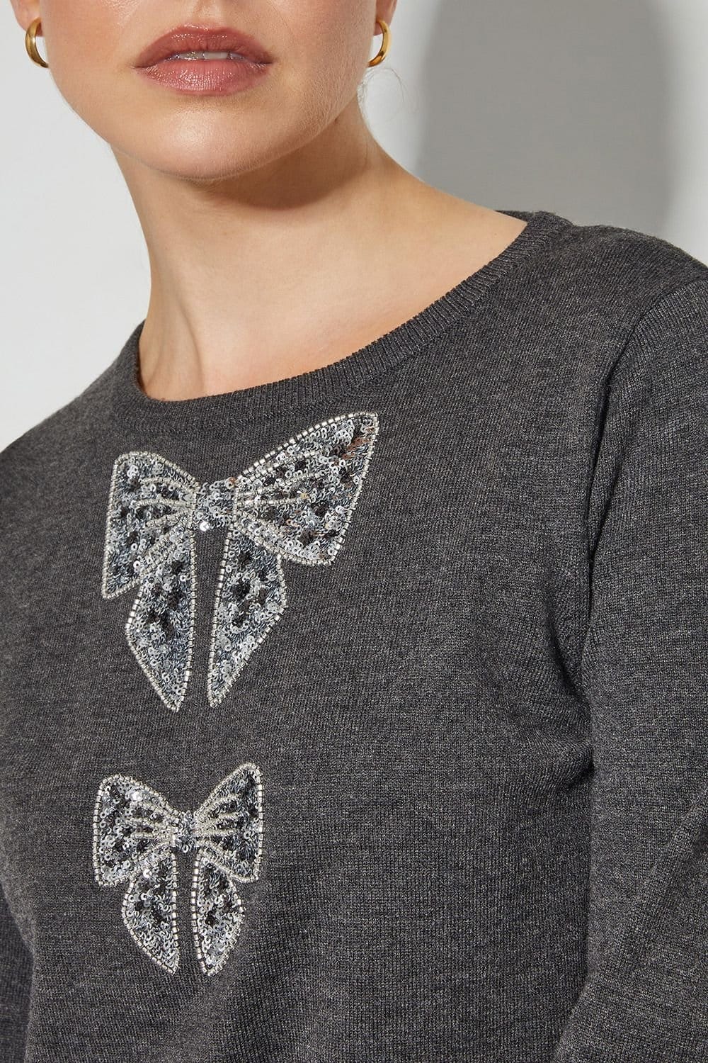 Monsoon Monsoon Women's Di Sequin Bow Crew Neck Jumper Grey - 4