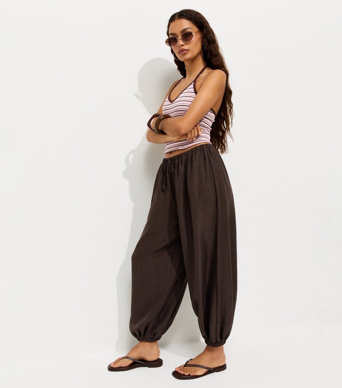 New Look Women's Petite Brown Wide Leg Cuffed Trousers New Look