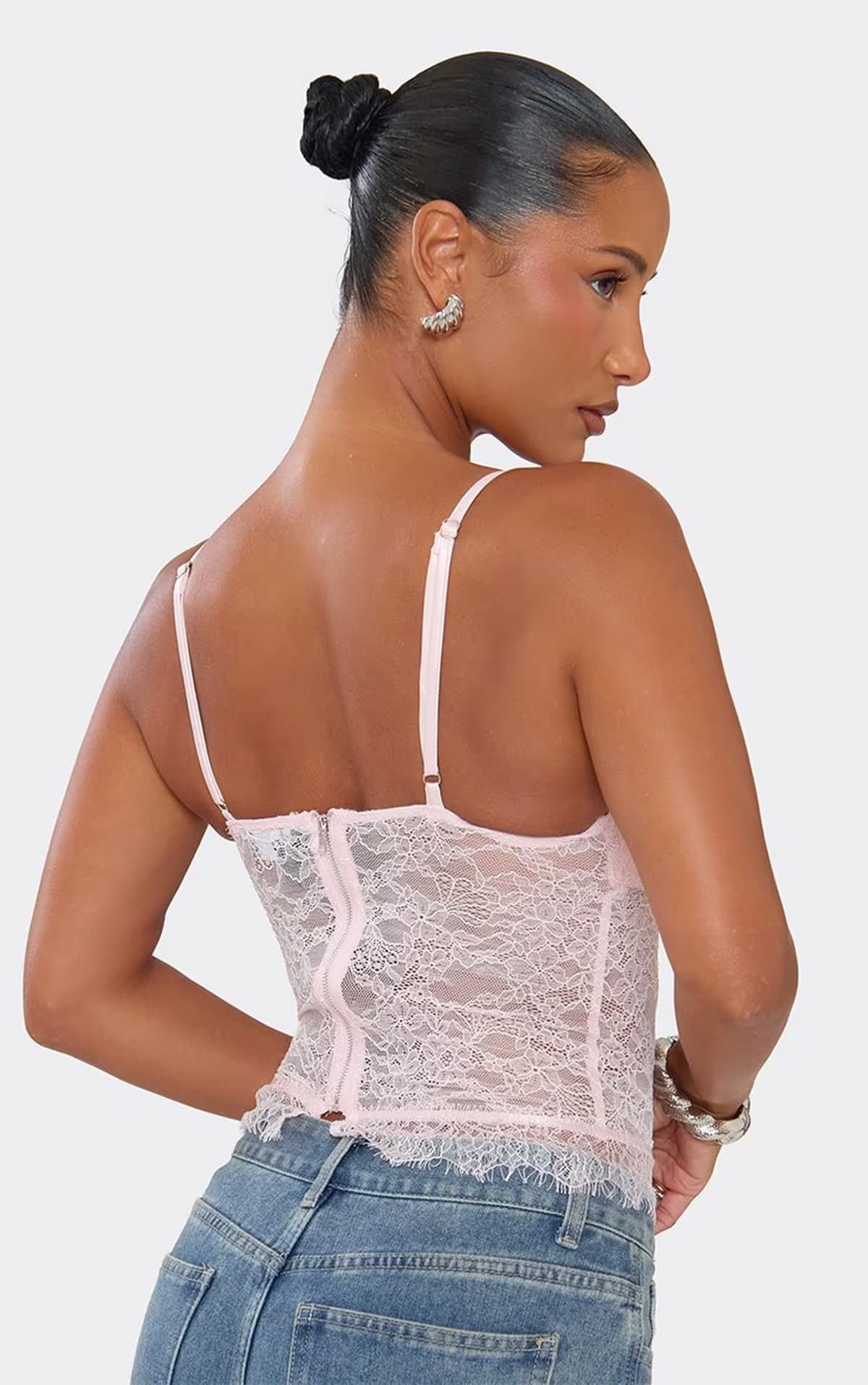 EGO Strappy Contrast Satin Padded Bust Top In Pink Lace., Women's Size UK 6
