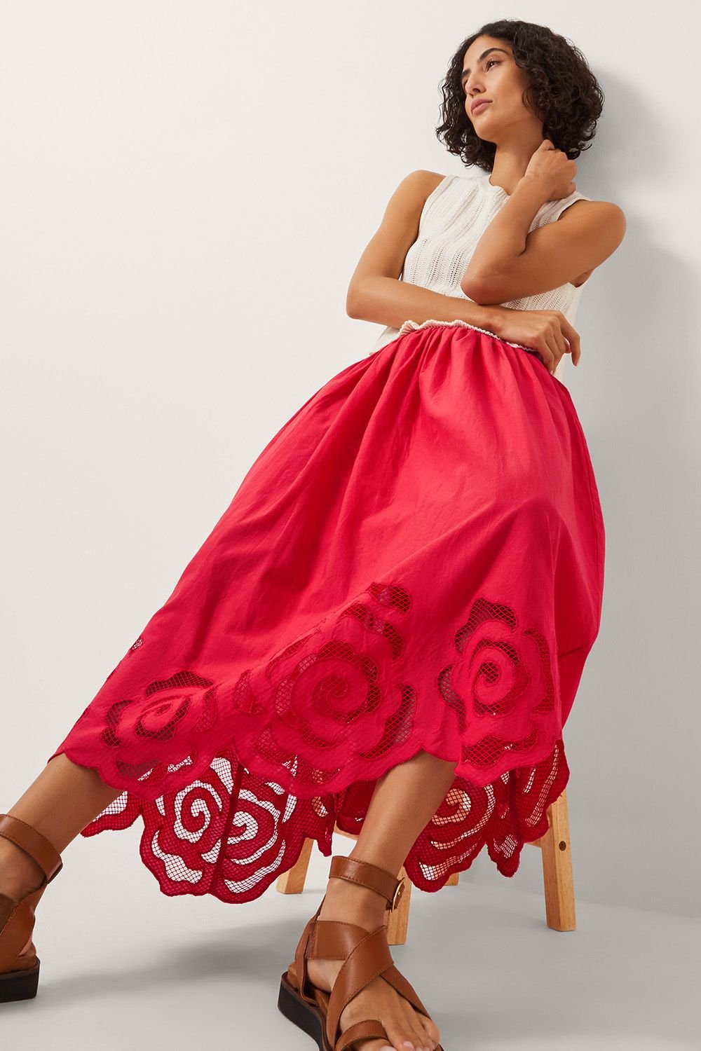 Monsoon Monsoon Women's Grace Cutwork Midi Skirt Red - 3