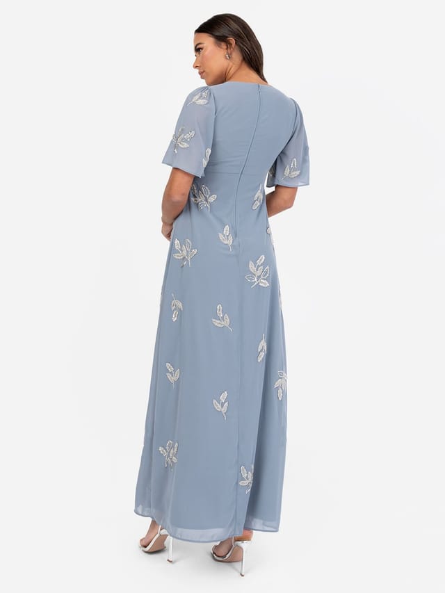 Maya Deluxe Maya Deluxe Women's Embellished Short Angel Sleeve Maxi Dress in Blue - 3
