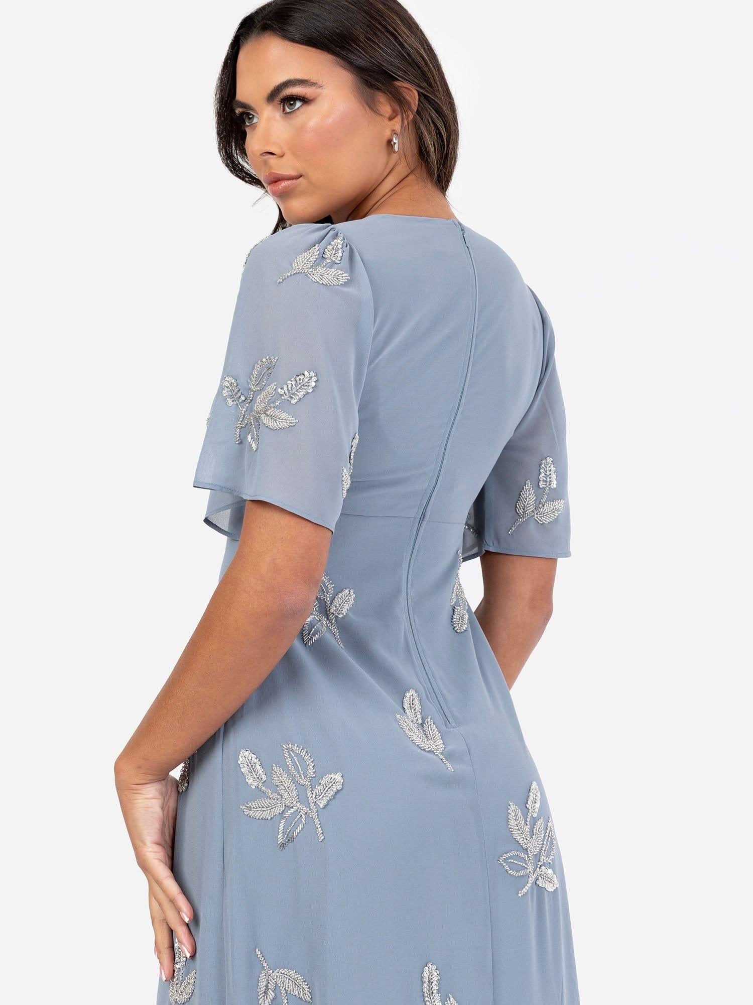 Maya Deluxe Maya Deluxe Women's Embellished Short Angel Sleeve Maxi Dress in Blue - 4