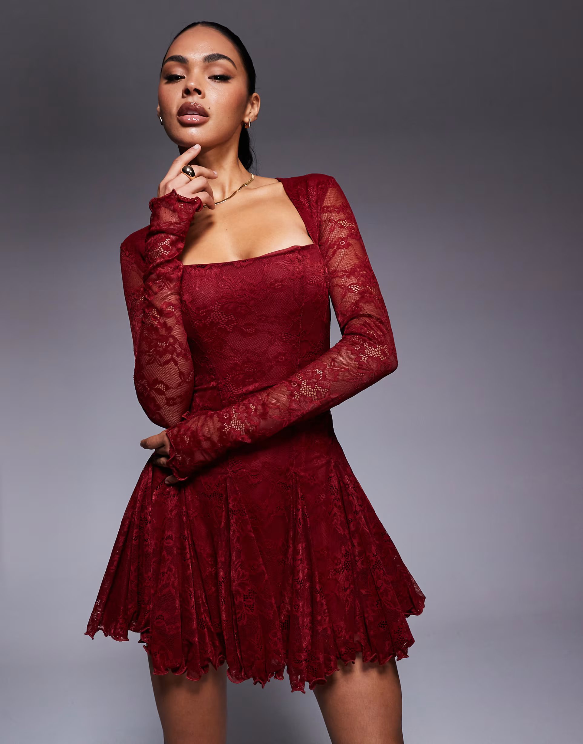 ASOS Murci square neck long sleeve gathered ruffle hem lace mini dress in burgundy - 1