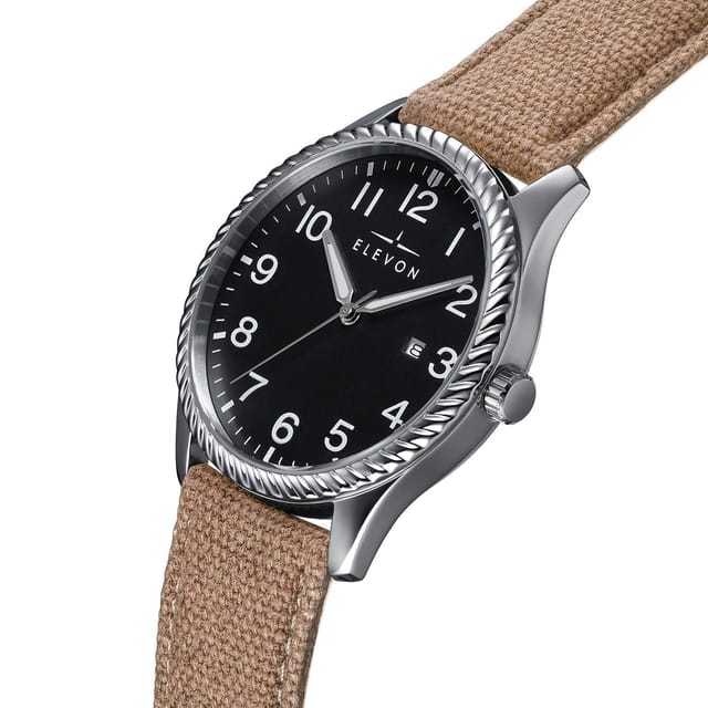 Elevon Elevon Men's Crosswind Canvas-Overlaid Leather-Band Watch w/ Date in Khaki - 2