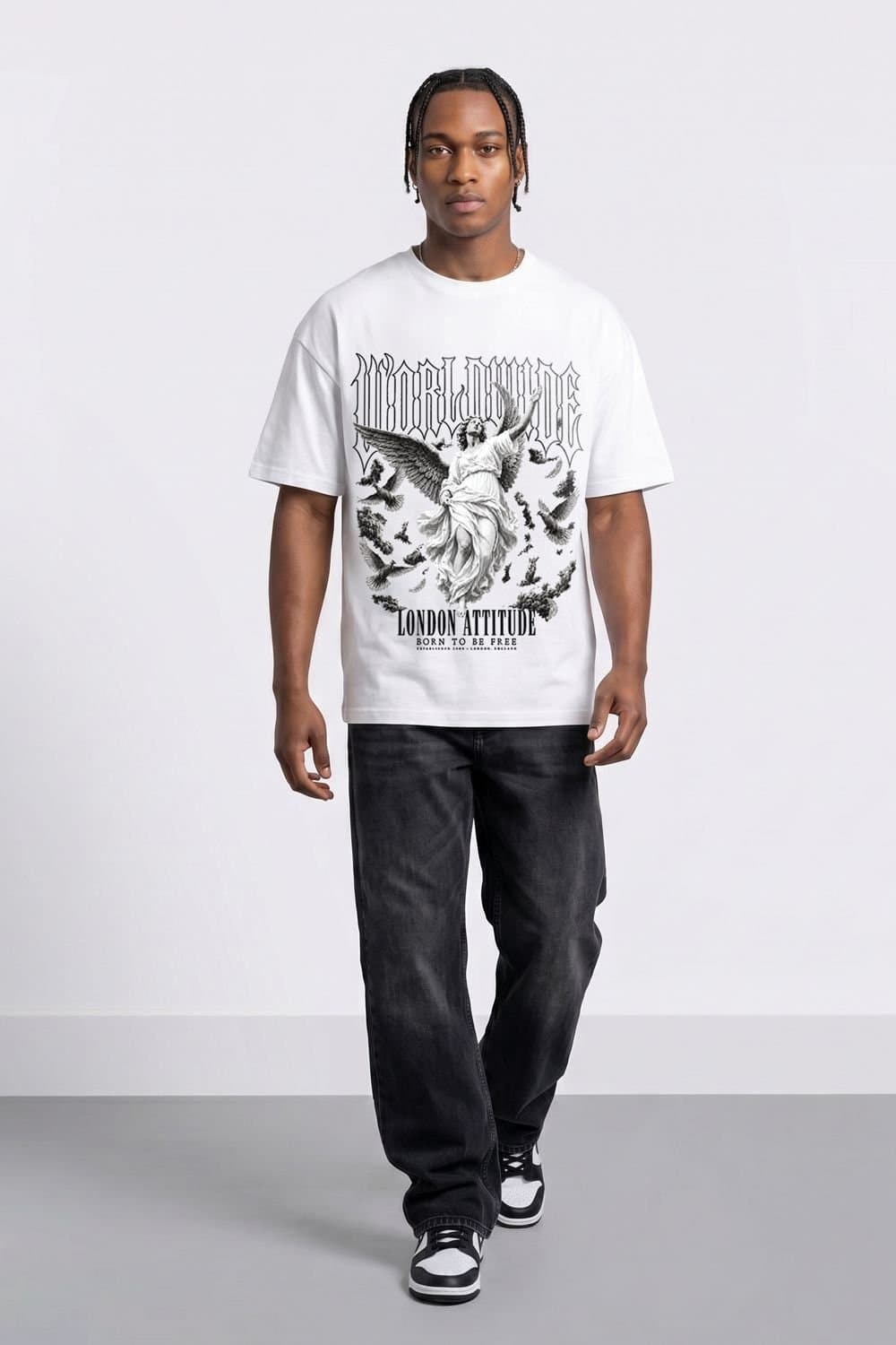 LONDON ATTITUDE LONDON ATTITUDE Men's Worldwide Angel Oversized Heavyweight Graphic T-Shirt in White