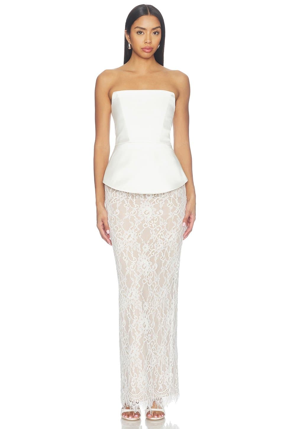 revolve Strapless Satin And Lace Maxi Dress