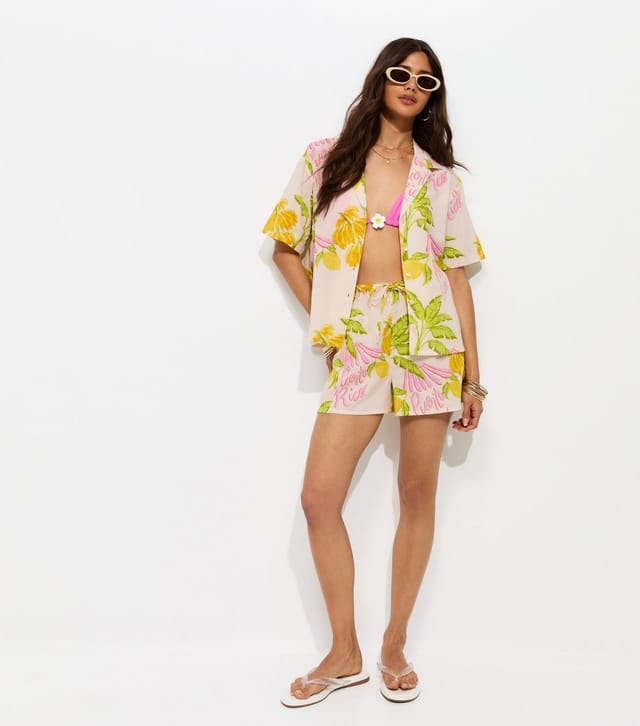 New Look Women's Cream Cotton Palm Print Shorts New Look - 3