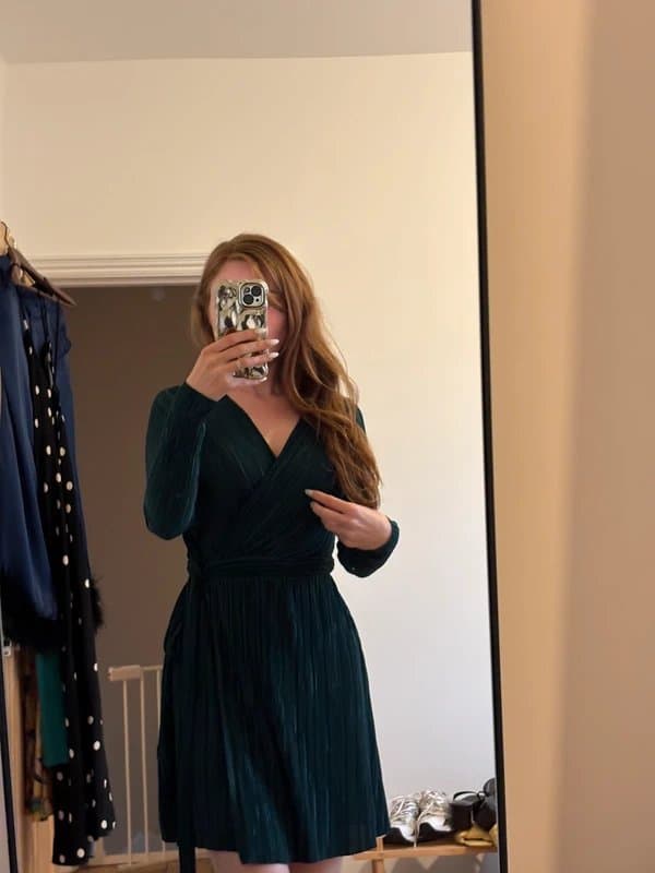 Topshop Emerald green satin ribbed wrap dress