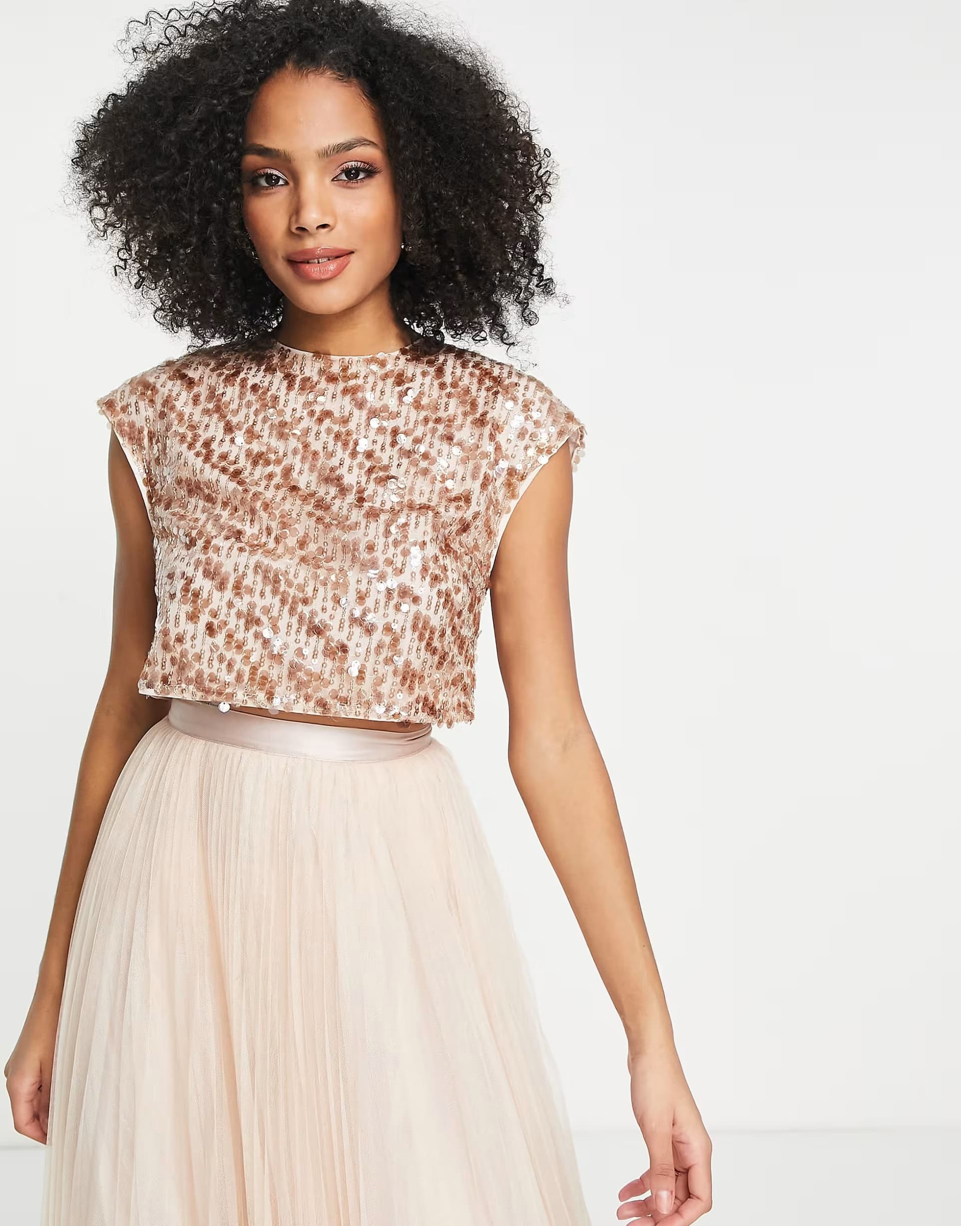 ASOS ASOS DESIGN Bridesmaid co-ord sequin top with ribbon bow back in champayne