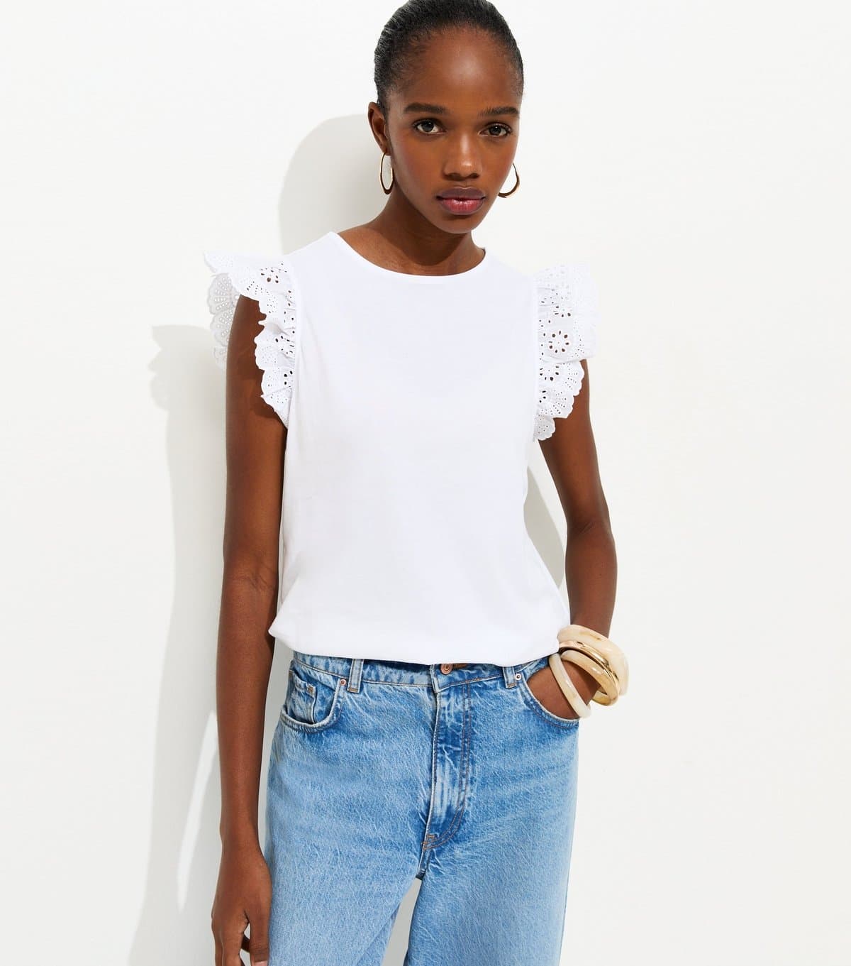 New Look Women's White Broderie Frill Sleeve Top New Look