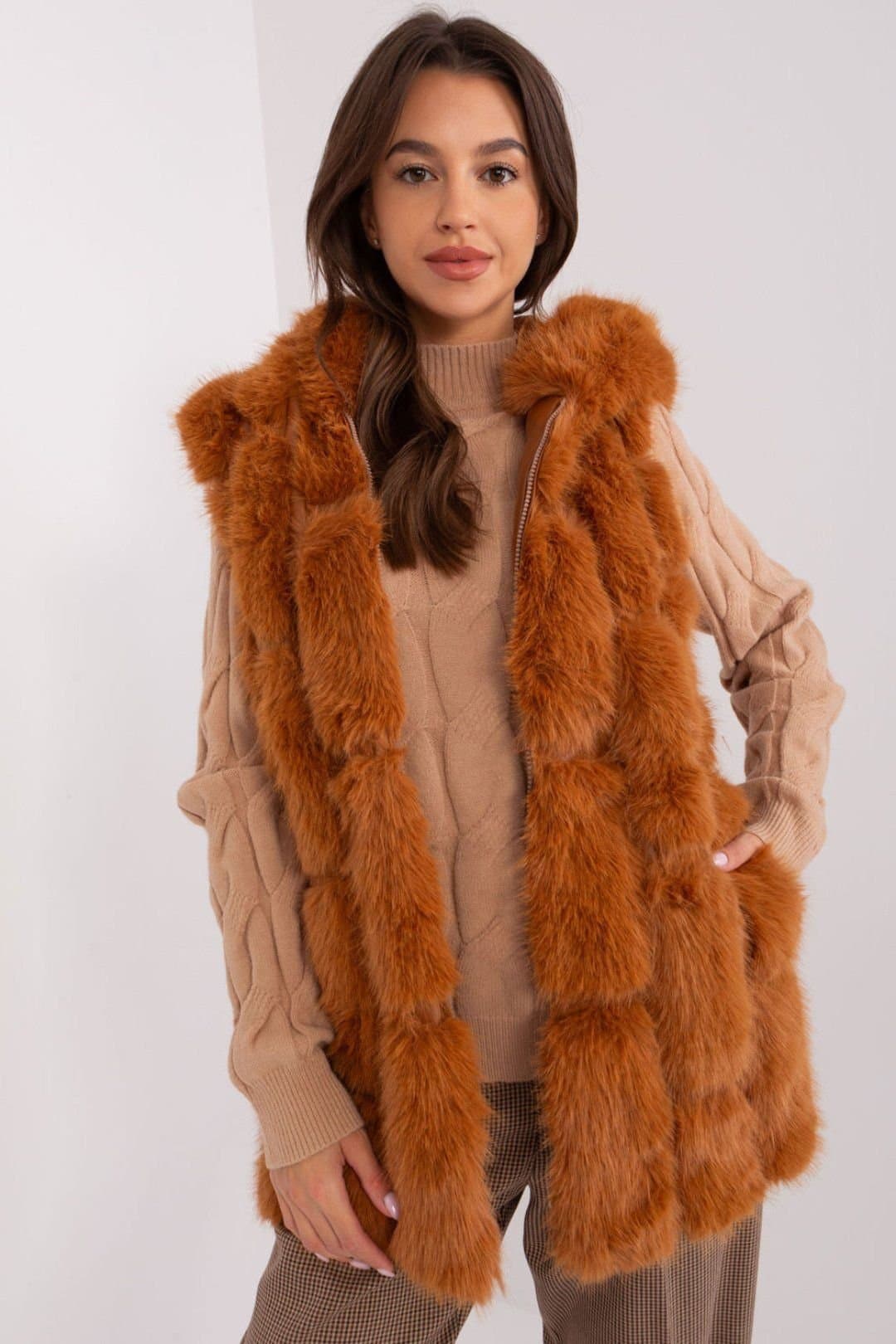 Love Lace Love Lace Women's Hooded Faux Fur Polyester Vest with Pockets in Burnt Orange