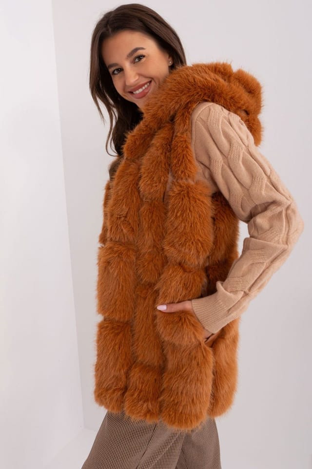 Love Lace Love Lace Women's Hooded Faux Fur Polyester Vest with Pockets in Burnt Orange - 3