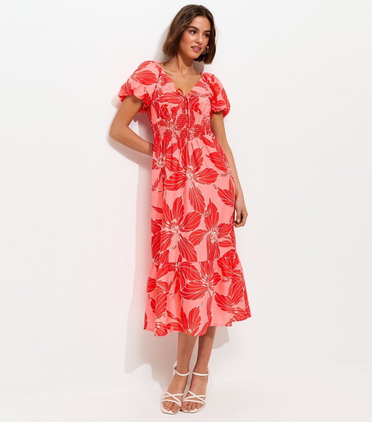 New Look Women's Pink Floral Puff Sleeve Shirred Waist Midi Dress New Look