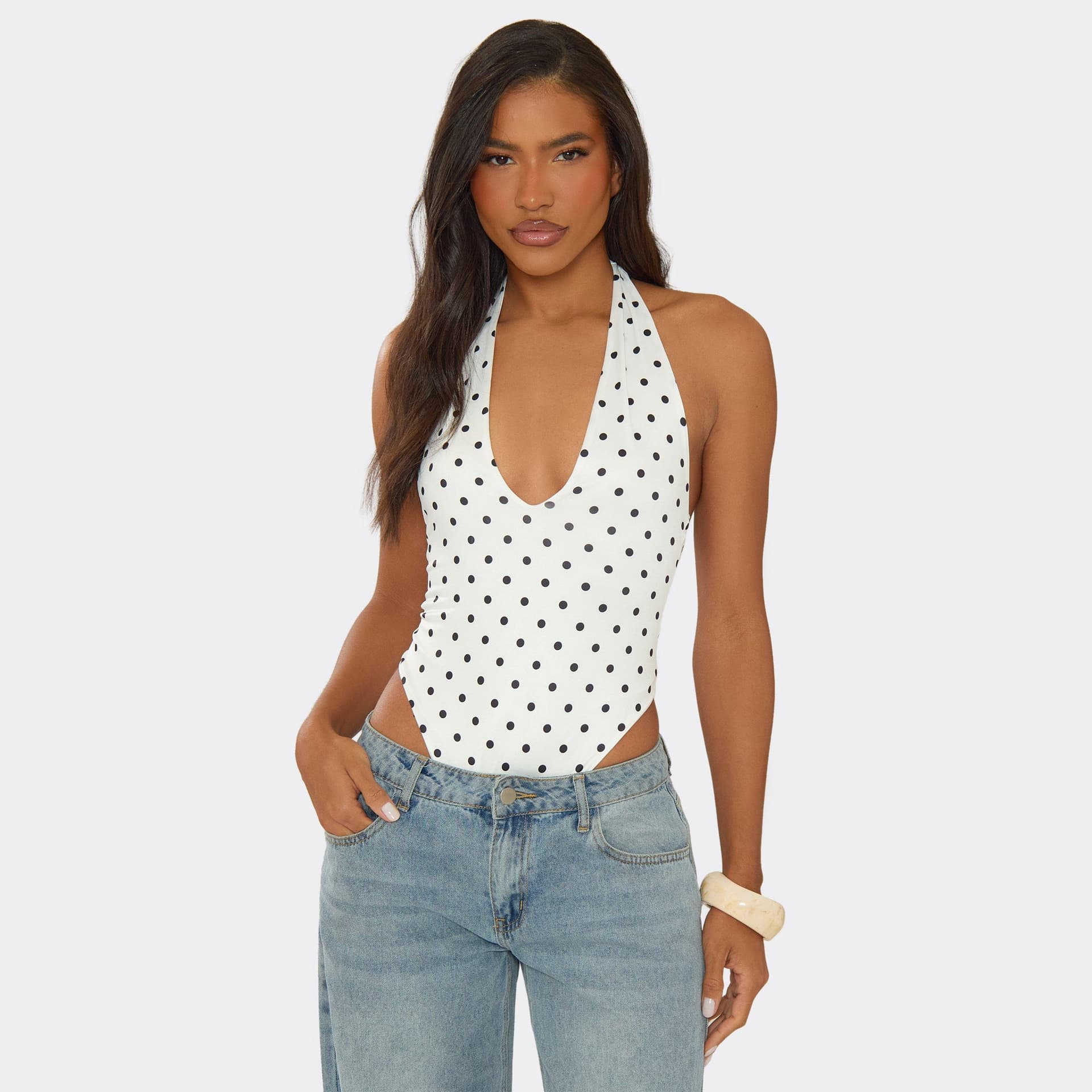 EGO Halterneck High Leg Bodysuit In White Polka Dot, Women's Size UK 6
