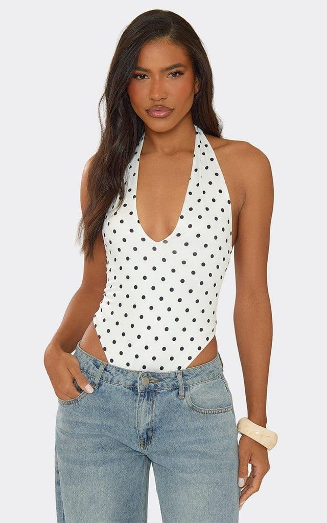 EGO Halterneck High Leg Bodysuit In White Polka Dot, Women's Size UK 6 - 2