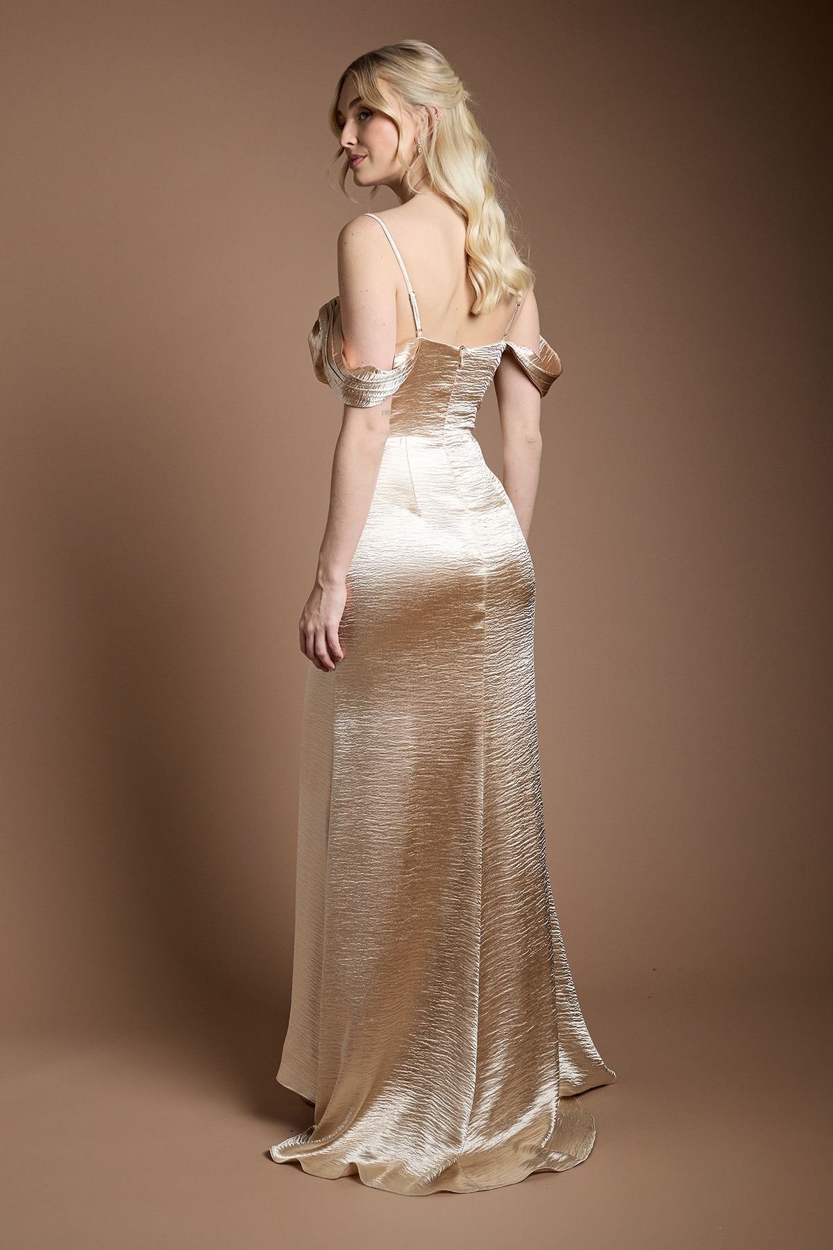 Coast Coast Women's High Gloss Drape Cowl Bridesmaid Maxi Dress in Champagne - 3