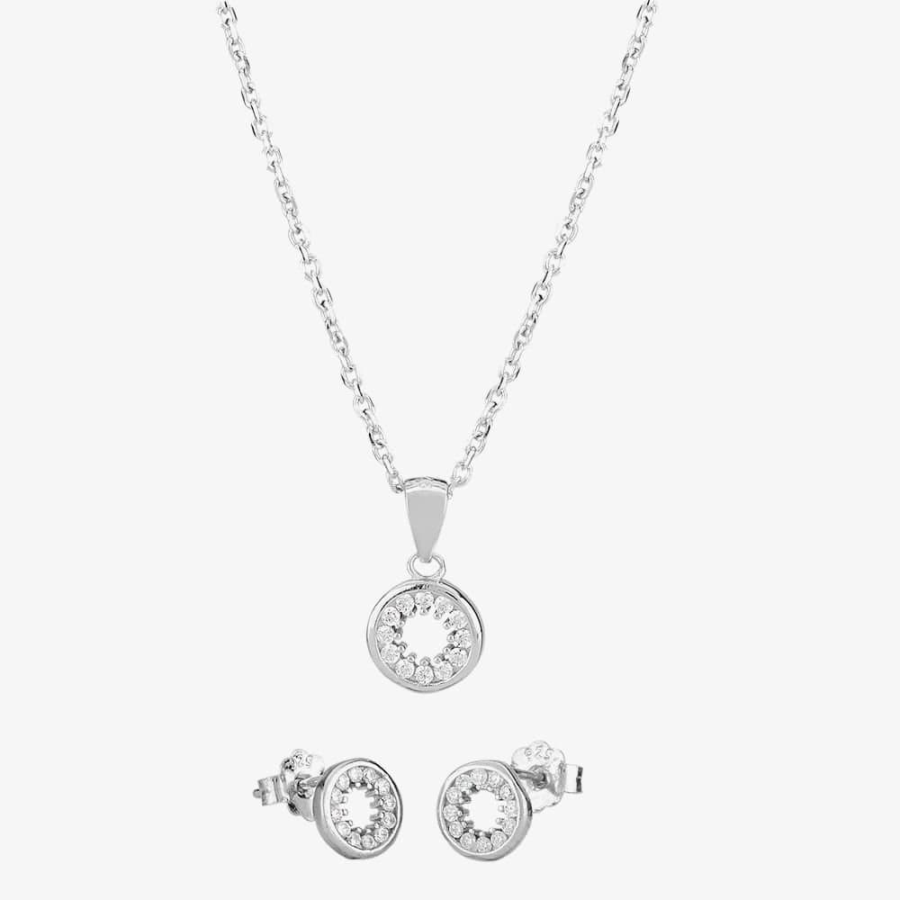 T.H.Baker T.H.Baker Women's Silver Cubic Zirconia Halo Pendant & Studs Set SET14439
