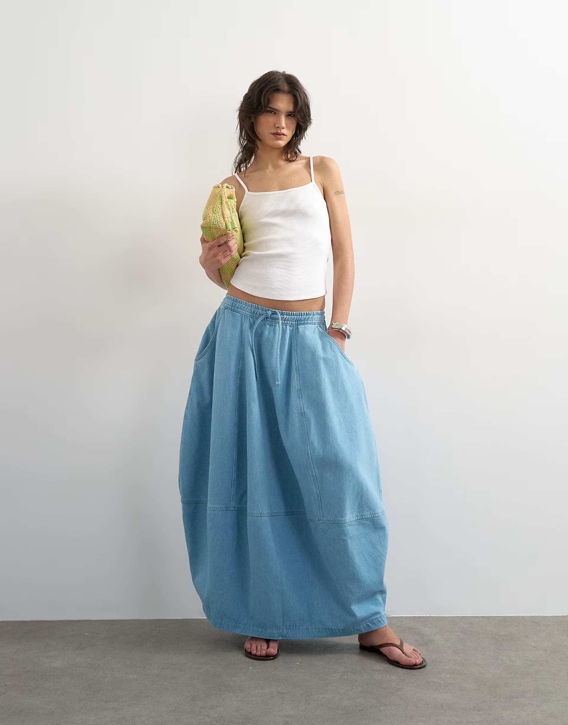 ASOS Topshop denim pull on barrel maxi skirt in bleach