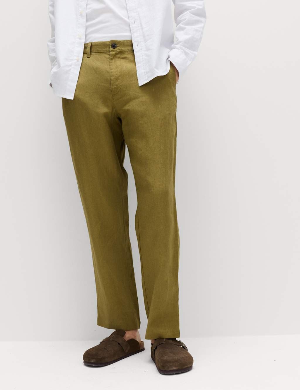Marks & Spencer M&S Pure Linen Half- Elasticated Waist Trousers Olive
