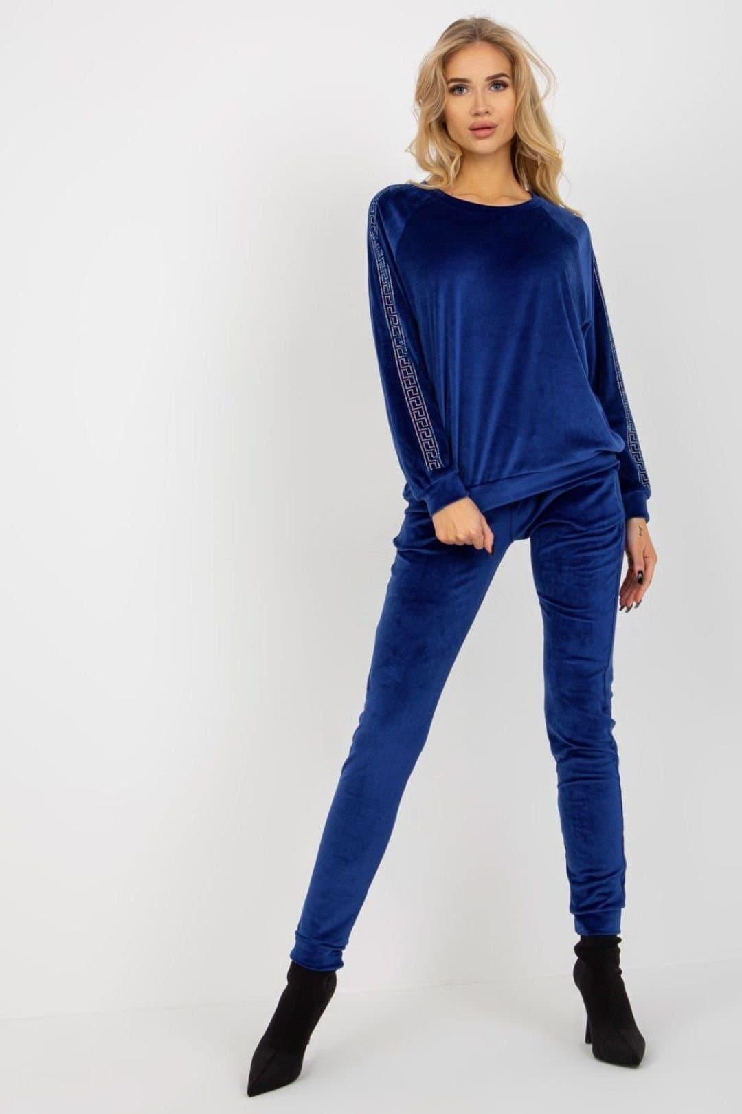 Love Lace Love Lace Women's Velour Rhinestone Sleeve Blouse Pant Set Style 177082 in Blue